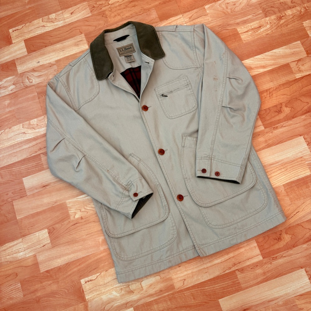 LL Bean Mens Field Coat Khaki Tan Plaid Flannel Lined Canvas Barn Jacket Medium